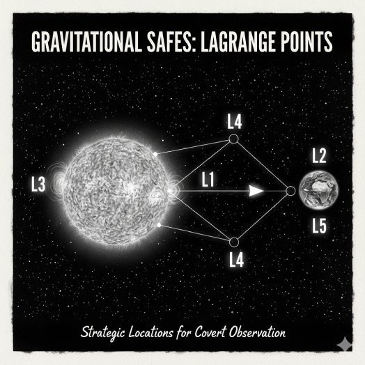A pencil sketch schematically depicting the Sun and Earth, along with the five designated Lagrange Points (L1, L2, L3, L4, L5) in the Sun-Earth system. Emphasis on their stability and strategic location, rendered in black and white.