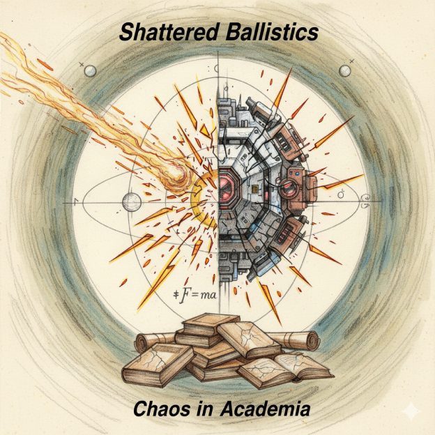 A colored pencil sketch showing a classical, simple Newtonian formula (F=ma or an orbital diagram) visibly cracking or shattering, with the metallic, anomalous 3I/ATLAS object (with metallic hues) flying out of the shattered scientific frame. The background is a mix of abstract scientific diagrams and books, subtly rendered in muted academic tones, symbolizing the "Chaos in Academia."