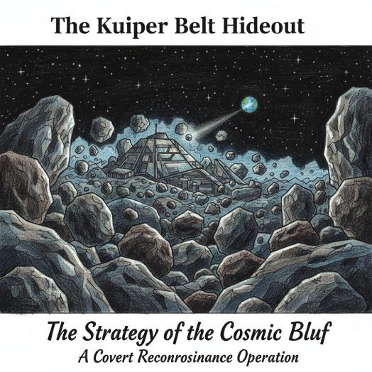 A colored pencil sketch of the outer Solar System boundary (Kuiper Belt/Oort Cloud) with a dark, starry cosmic background. In the deep background, a subtle, hidden, geometric alien base (like a hidden asteroid structure with muted, camouflaged rock-like colors) is observing Earth in the distance (a small, bright blue/green dot).
