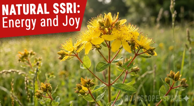 St. John’s wort perforated, photorealistic image of flowers and leaves for an article about antidepressant.